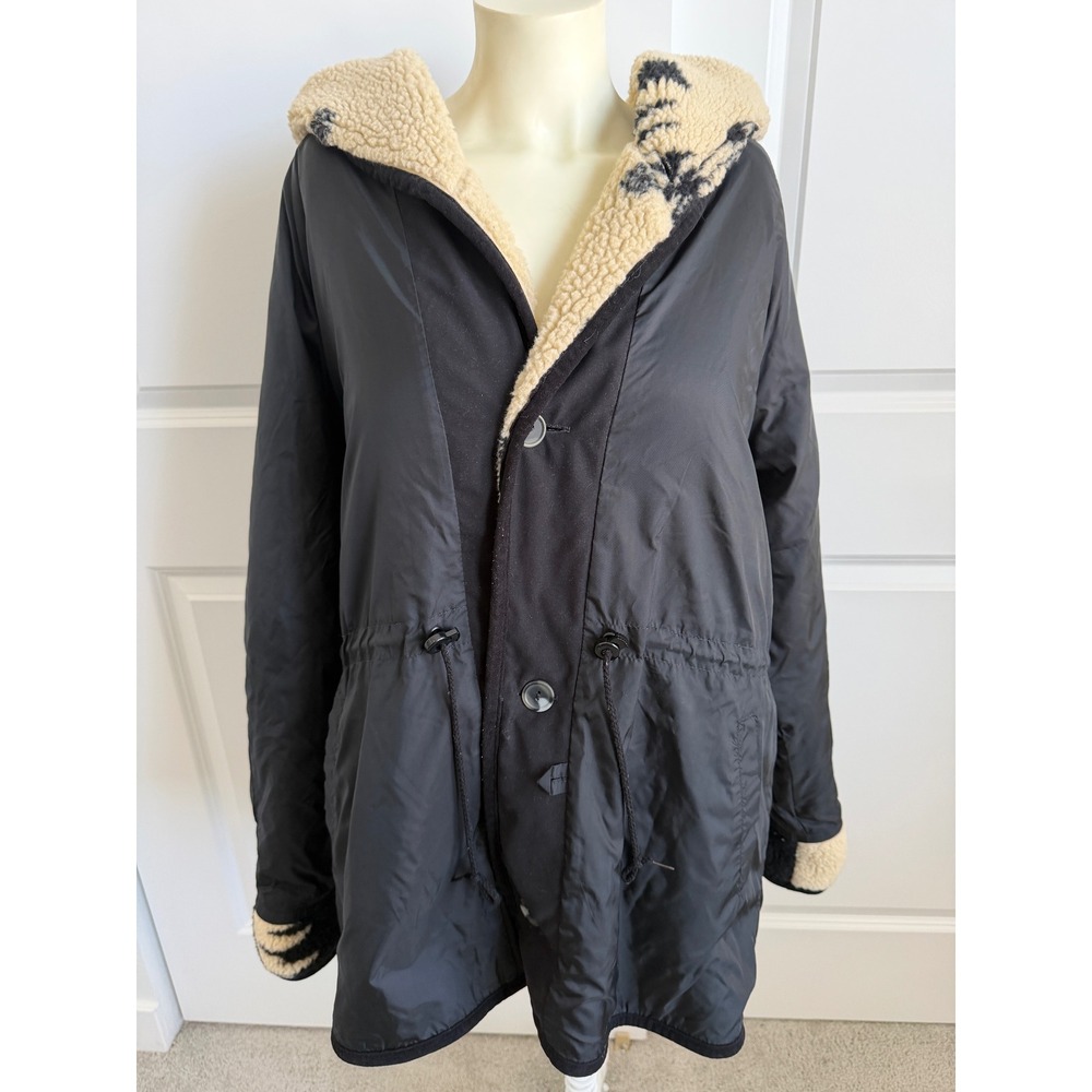 Vintage Outbrook 90s Bear Nature Sherpa Lined Hooded Parka Jacket Black Women L